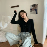 Women V-Neck Knitted Casual Short Sweaters Cardigans Lady Full Sleeve Thin Cardigan Outwear Crop Top for Female-Outfit