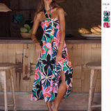 Fongt Summer Dress Hanging Neck Sleeveless Print A-Shaped Bohemian Long Dress Girl