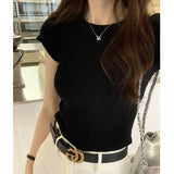 Version Of Simple Knitted Short-Sleeved T-Shirt Women's Spring And Summer New Minority Design Slim Full-Color Blouse-Outfit