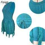 Fringed Two Piece Sets Women Solid Sleeveless Tank Top Drawstring Tassel Shorts Fashion Leisure Suit Female