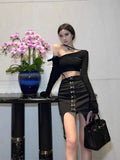 Spring New Multi-Button Irregular Black High Waist Mini Length Skirt Korean Fashion Garter Style Tight Patchwork