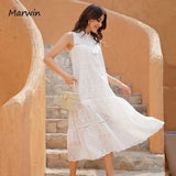 Long Simple Casual Solid Hollow Out Pure Cotton Holiday Style High Waist Fashion Mid-Calf Summer Dresses NEW