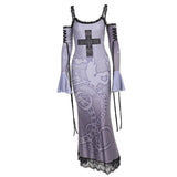 Sling Lace Splicing Cross Print Slim Dress Dark New Gothic Dress Woman-Outfit