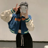 Vintage Brown Cropped Jacket Women Korean Style Streetwear Long sleeve Top Patchwork Letter American Bomber