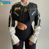 Bomber Woman Varsity Jacket PU Long Sleeve American Racing Jacket¡®s Printing Stand Collar Short Jackets Bombers Coat