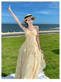 Fongt Summer Vacation Gentle Yellow Tune Dyed Flowers With Neck Flounce Print Skirt Beach Skirt-Outfit