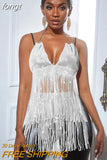 Women New Solid Tassel Sexy Two Piece Set Rhinestone V Neck Sleeveless Halter Backless Top Camis Hollow Out Party Mini