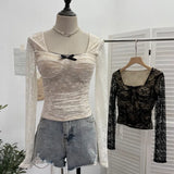 Fongt Pat With Chest Cushion Square Collar Bow Lace Long Sleeve Bottom Top Dress Slim Slim Short Shirt 9520