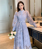 Quality 2022 Autumn Runway Long Dress Women Single-breasted Lantern Sleeves Hollow Embroidered Lace Sashes