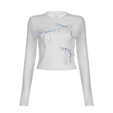 Young Girl Style Bow Tie Tie Stitched Knitted Blouse 2024 Round Collar Pit Strip Slim Solid Color T-Shirt-Outfit