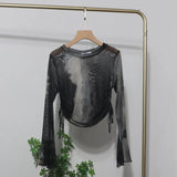 Fongt Not Sultry Hot Tie Dye Net Yarn Long-Sleeved T-Shirt Drawstring Tethered With Short-Sized T-Shirt Horn Sleeve Top 8929