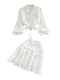 V Neck Hollow Embroidered Lantern Sleeve Short Shirt Solid Mini Skirt 2 Piece Suit Women 2024 Autumn Fashion New TH2512-Outfit