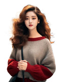 Fongt And Winter New Hong Kong Style Chic Top Female Design Color Collar Knitted Shirt Age Reduction Lantern Sleeve Long-Sleeved Sweater