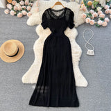 Fongt Korean Ins Short Sleeve V-Neck Hepburn Style Temperament To Show Thin Dress Women's Waist Bag Hips Long Skirt Tide