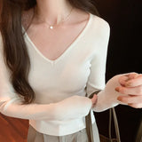 V-Collar Solid Color Long-Sleeved Woolen Blouse A New Style Slim And Slim Sweater In Autumn And Winter-Outfit