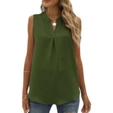 Solid Color Chiffon Leisure Shirt Loose V-neck Pullover Sleeveless Top