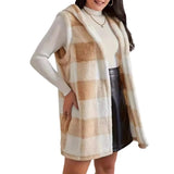 Fongt And Winter Fashion Burst Temperament Cardigan Two-Color Lattice Hooded Lady Plush Vest Coat Woman
