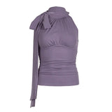 Elegant Simple Solid Color Bib Tie Wrinkle Tight Show Thin Sleeveless Vest Gentle Ribbon Blouse-Outfit
