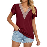 2023 New Gold Lace Lady V-Neck Tile Short Sleeve Solid Color T-Shirt Top-Outfit
