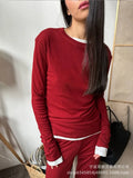 Fongt 2025 New Soft Model Set Women's Casual Blouse + Broad Legs Christmas Red Two-Sleeve
