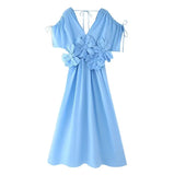 Fongt Women's Clothing Explosion Blue V-Neck Belt Three-Dimensional Flower Bow Holiday Dress