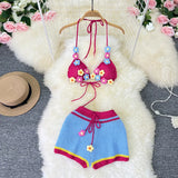 Fongt Pastoral Wind Knit Hanging Neck With Hook Flower Flower Wool Hollow Out Sexy Bikini Two Set Suit-Outfit