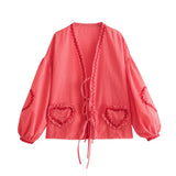 Spring Style Casual Loose Plaid Love Ribbon Lace Shirt-Outfit