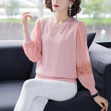Chiffon Lace Patchwork Knitted Pullovers Women Spring Casual Loose Lantern Sleeve Knitwear Fashion Hollow Out Korean
