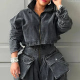 Fongt 2024 New Niche Design Feel Tooling Wind Denim Jacket Women's High Waist Loose Show Thin Short Jacket-Outfit