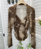 Fongt Tie-Dye-Print Long Sleeve Bottom Sexy Hottie V-Neck T-Shirt Folded Slimming Mesh Yarn Top 8929