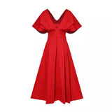 Fongt Summer New Solid Color Princess Sleeve High Waist Temperament Elegant Big Hem Long Dress-Outfit
