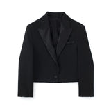 Women Fashion Cropped Contrast Satin Blazer Coat Vintage Long Sleeve Front Button Female Outerwear And Hight Waist Shorts