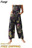 Women Casual Floral Print Strappy Dungarees Vintage Cotton Linen Loose Party Long Harem Overalls Rompers