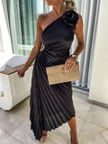 Fongt Women's New Solid-Color Dress Fashion Sexy Slanted Shoulder Folded Empty Dress 8043