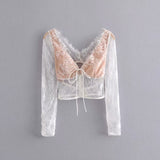 Fongt New Women's Low-Chest Romance V-Neck Long Sleeves After The Hollow Bubble Bubble Sleeve Lace Tset Shirt