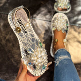 Fongt Temperament Pearl Flowers Wearing Flat-Soled Sandals Women's New Summer With Skirt Fairy Wind Drag