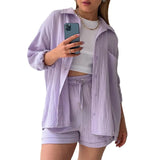 Fongt Women's Wrinkle Collar Long-Sleeved Shirt High-Waisted Rope Shorts Fashion Casual Two-Piece Set