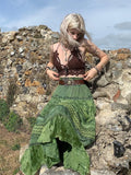 y2k Printed Green Long Skirts Retro Kawaii Lace Up Pleated Skirts Grunge Fairycore Boho Beach Holiday Skirt Women