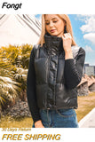 Black Pu Women Puffy Vest Winter Thick Parkas Jacket American Retro Outwear Faux Leather Down Waistcoat Loose Lady