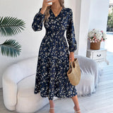 Shooting Autumn And Winter Elegant Flowers V Lead Long Sleeves To Close Waist Lotus Leaf Side A Dress Women's
