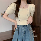 Fongt New French Gentle Style Design Double Buckle Bubble Sleeve T-Shirt Knitted Short