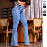 Fongt Tight Waist High-Waisted Button Elastic Repair Wide Legs Long Jeans Woman