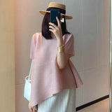 Fongt Folding Top Short Top Design Women's Niche Summer Asymmetrical Loose Large-Size Round Collar T Shirt Short Sleeve