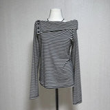 Gray Contrast Striped Tee Shirt Autumn New Lapel Neck Off Shoulder T-shirts Y2k Grunge Long Sleeve Tops Graphic T Shirts-Outfit