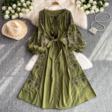 Fongt Dress Lady Autumn And Winter Cladding Heavy Embroidered Puff Cuff Cuffs Mid-Long Festive Dress