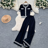 Fongt Fragrant Breeze Sleeze Sleeze Round-Neck Collar Knitted Top Women High-Waisted Leisure Broad-Legged Pants Summer Suit