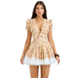 Fongt Women's Clothing Sexy Hot Babes Dress Deep V Print Waist Fluffy Mini-Skirt Short Girl