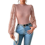 Fongt Round Collar Hollow Coated Women Autumn Fashion Pineapple Lace Splicing Sleeve Jersey Women