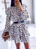 Leopard Print Chiffon Party Dress Women Elegant Long Sleeve Ruffle Details Mini A-Line Day Dress Spring Summer