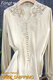 V Neck Shirts Long Sleeve Embroidery Blouse Women Hollow Out Tops Spring 2023 New Office Lady Solid Loose Clothes